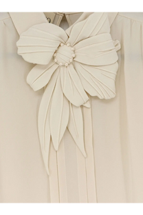Valentino women’s beige silk shirt with cream pleated fabric bow and central cluster of small pearls