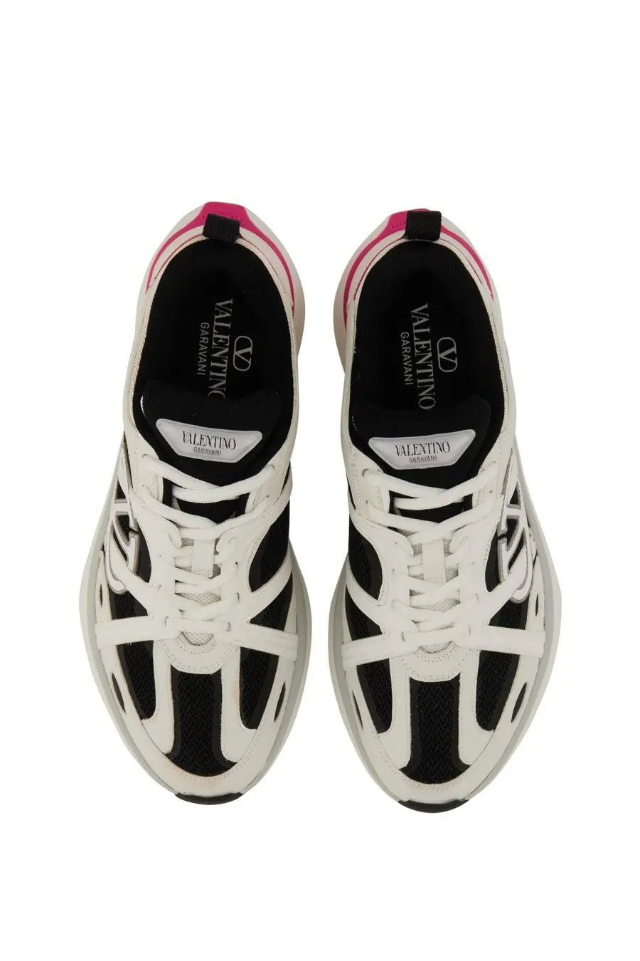 Valentino women’s sneaker Vlogo Easyjog white showing back view with white and black leather and pink heel tab accents