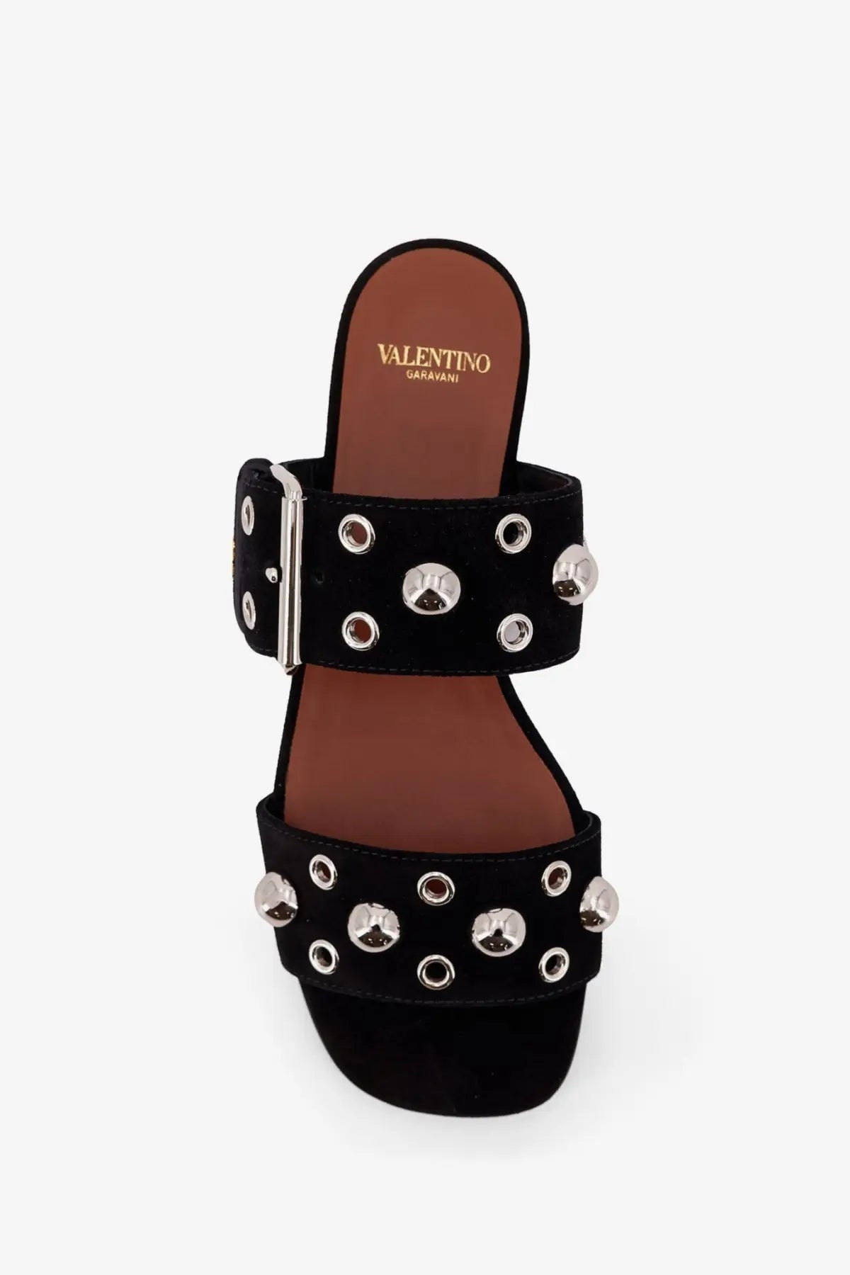 Valentino women’s black suede slide sandal with silver-toned studs and metallic buckle front view