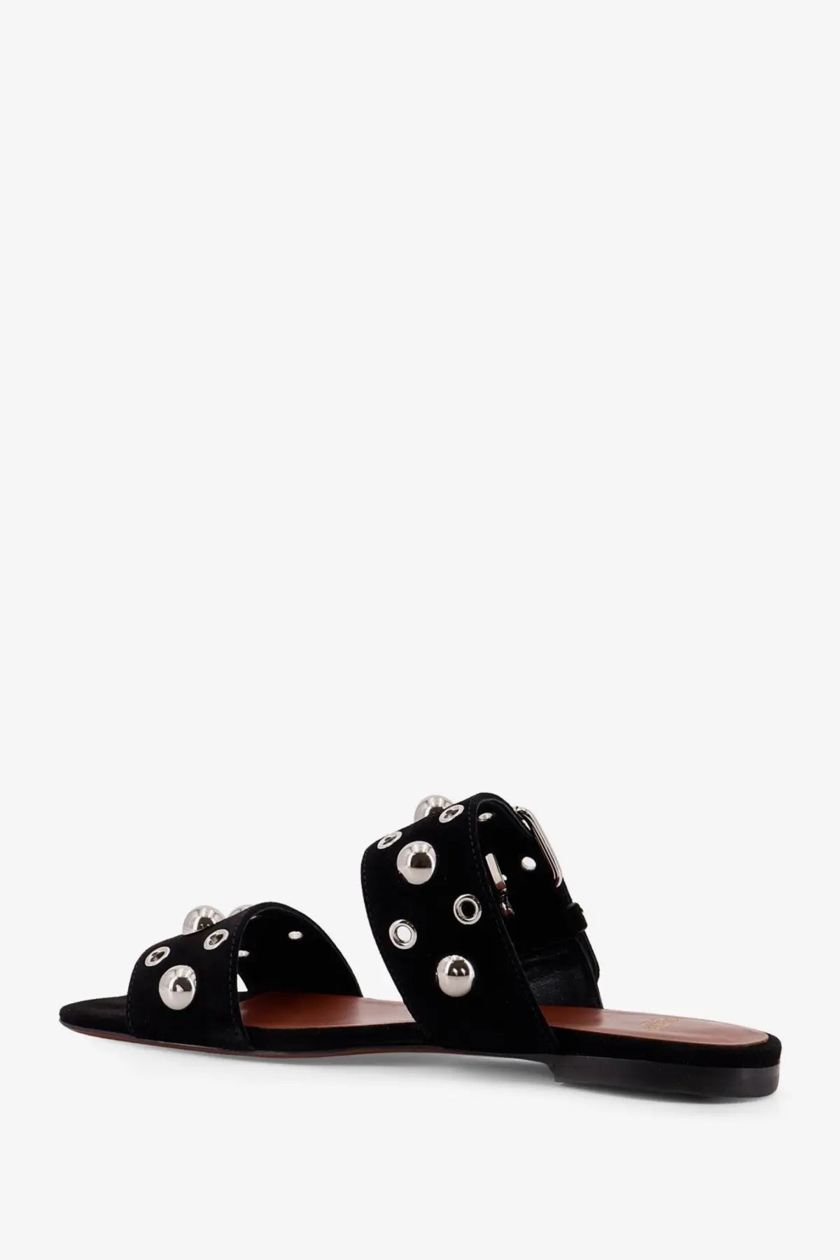 Valentino women’s black suede sandals with silver-toned studs and a buckle strap for stylish wear
