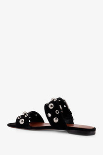 Valentino women’s black suede sandals with silver-toned studs and a buckle strap for stylish wear