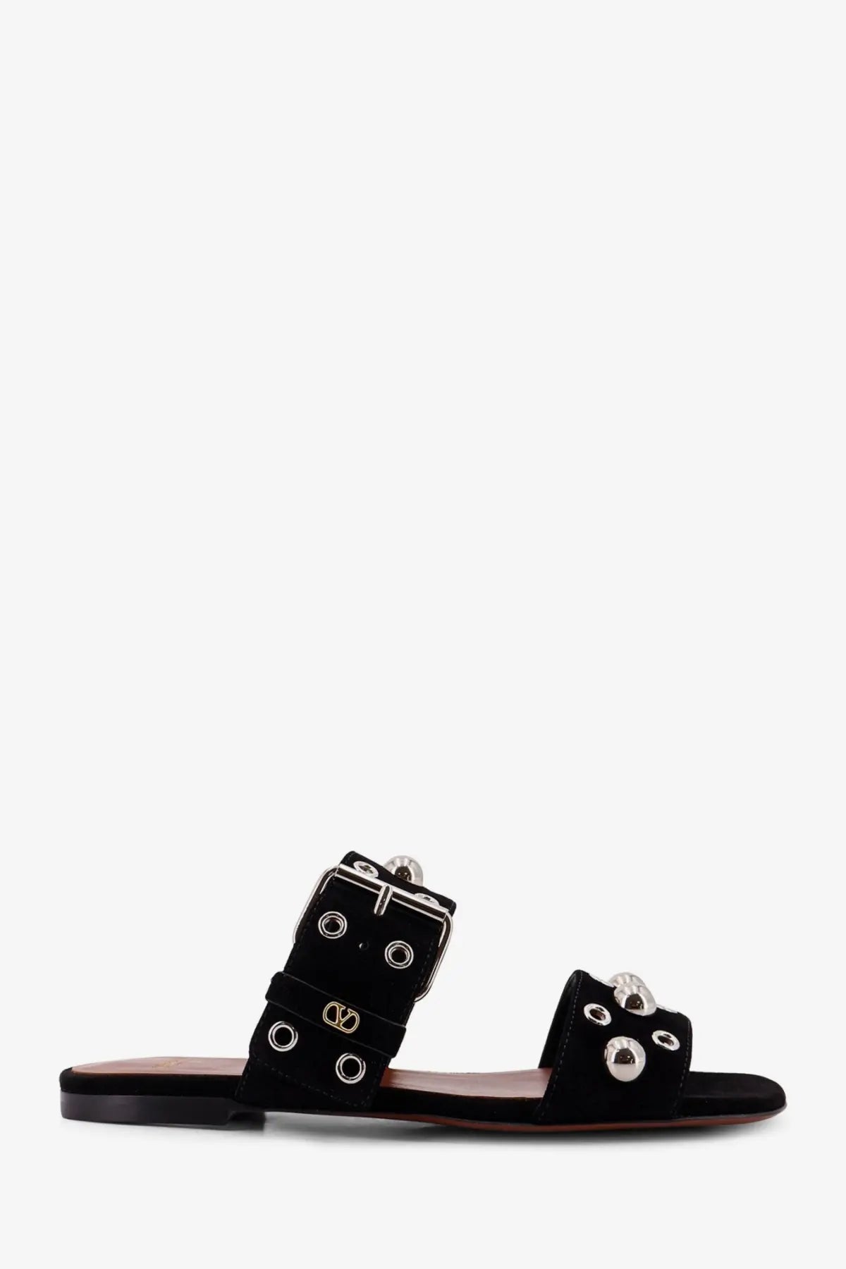 Valentino women’s black suede slide sandal with silver metal buckles and decorative studs