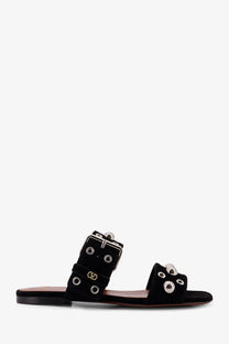 Valentino women’s black suede slide sandal with silver metal buckles and decorative studs