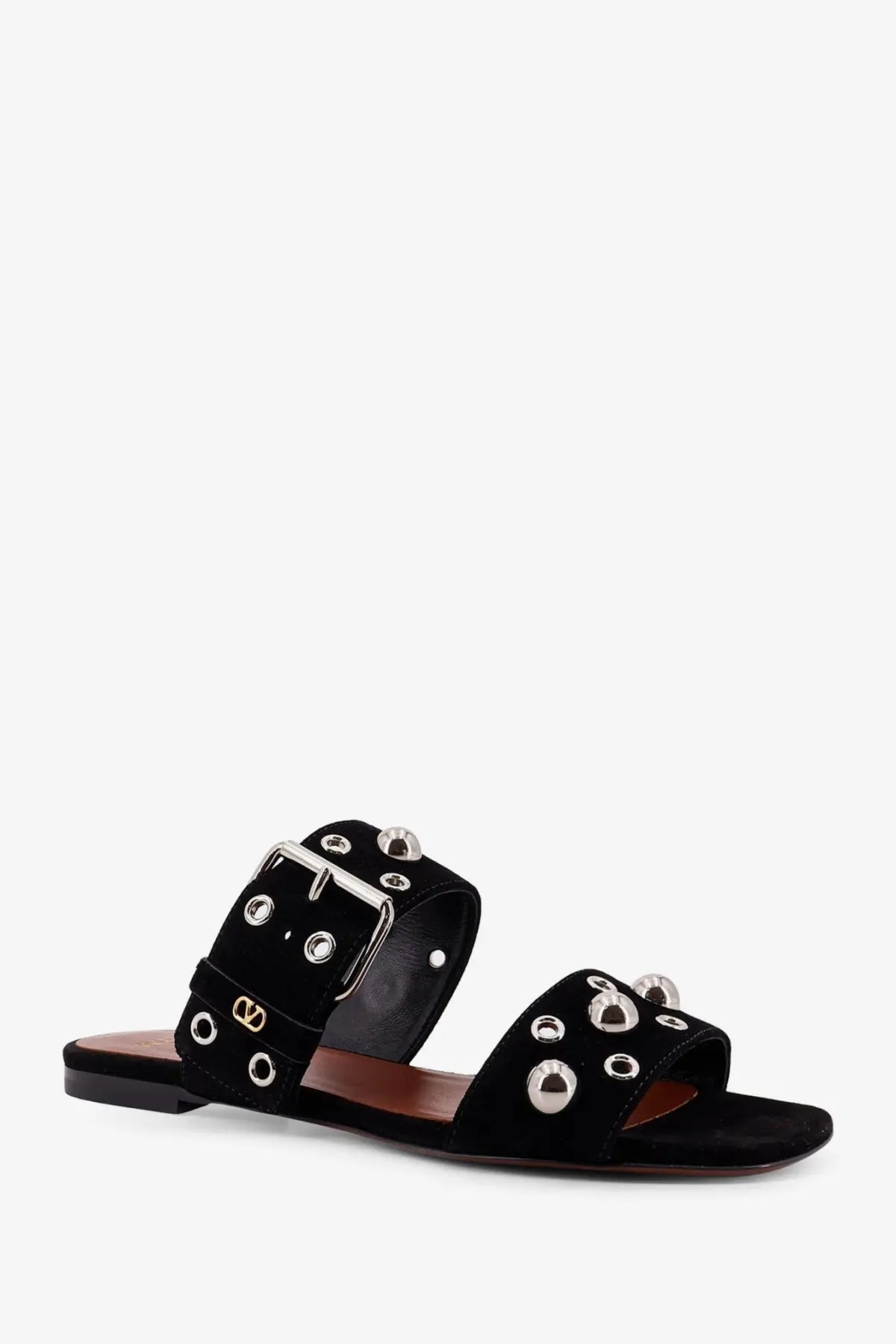 Valentino women’s black suede slide sandal with silver-toned studs and a metallic buckle detail