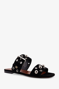 Valentino women’s black suede slide sandal with silver-toned studs and a metallic buckle detail