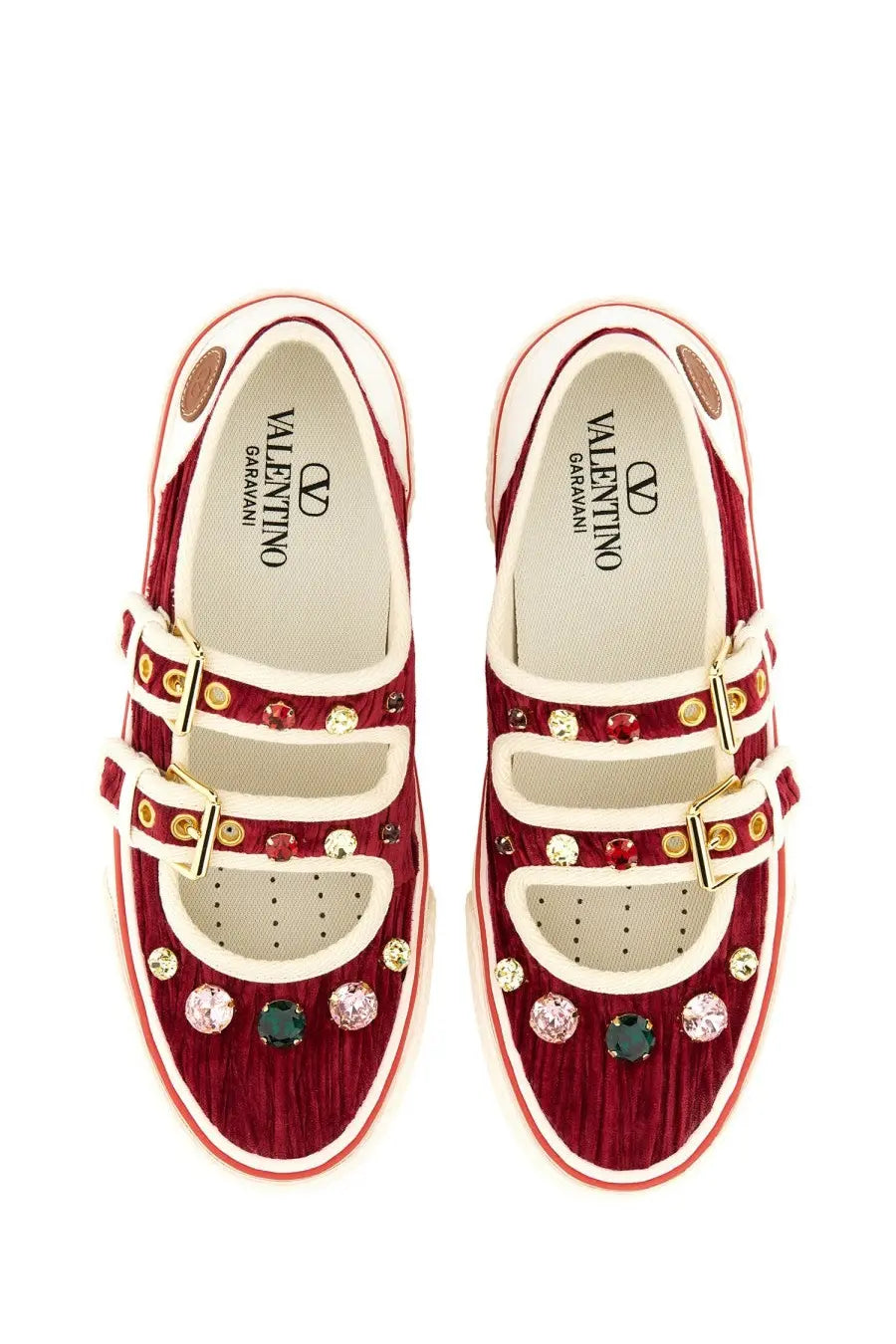 Valentino women’s velvet dollyboard ballerina sneaker red with red velvet mary jane style and gold-tone gemstone buckles