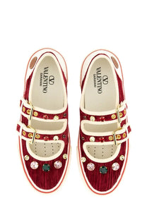 Valentino women’s velvet dollyboard ballerina sneaker red with red velvet mary jane style and gold-tone gemstone buckles