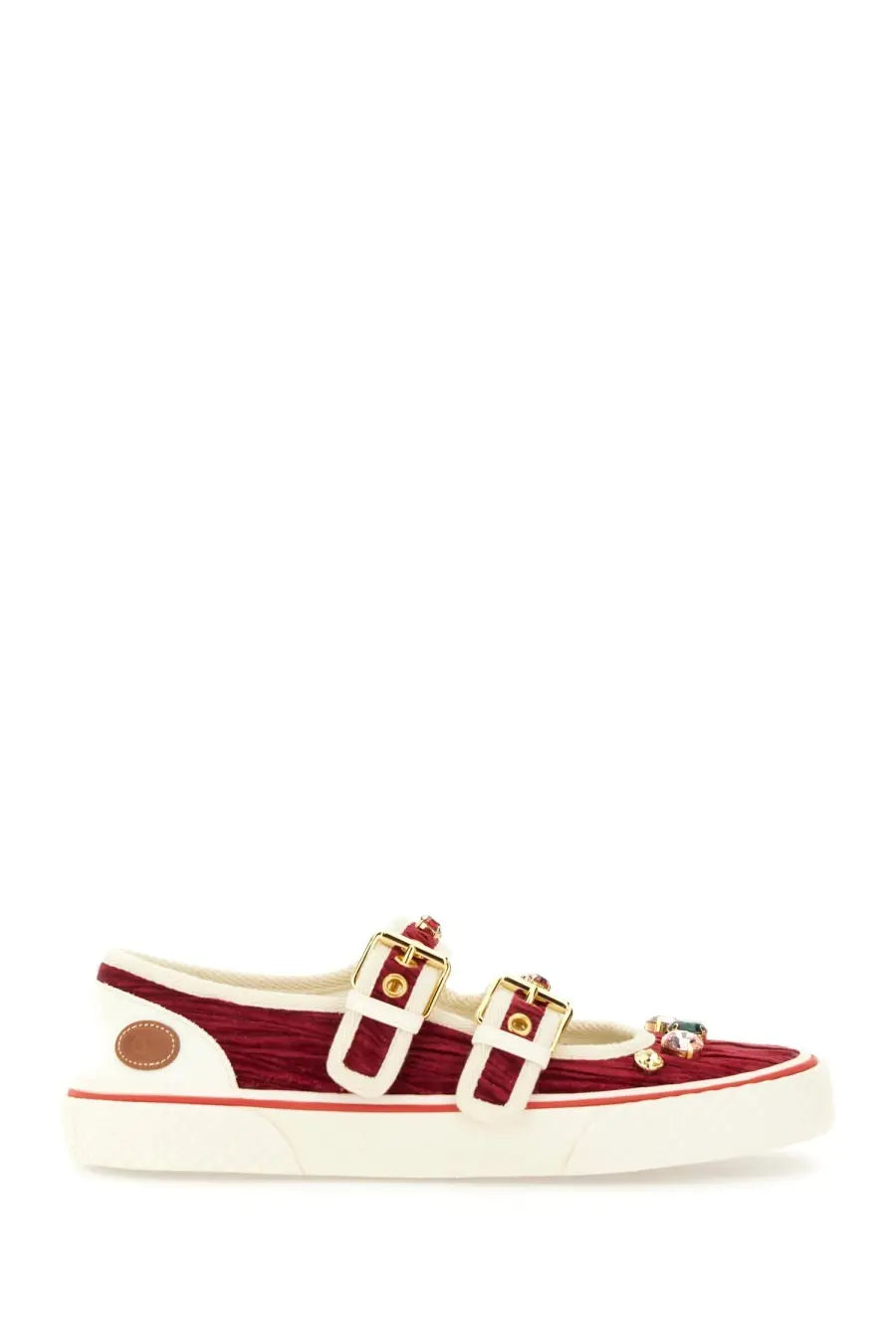 Valentino women’s maroon velvet canvas slip-on sneaker with white sole gold buckle straps and jeweled toe charm