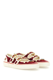 Valentino womens velvet dollyboard ballerina sneaker red with maroon velvet gucci sneakers gold buckles crystal embellishments