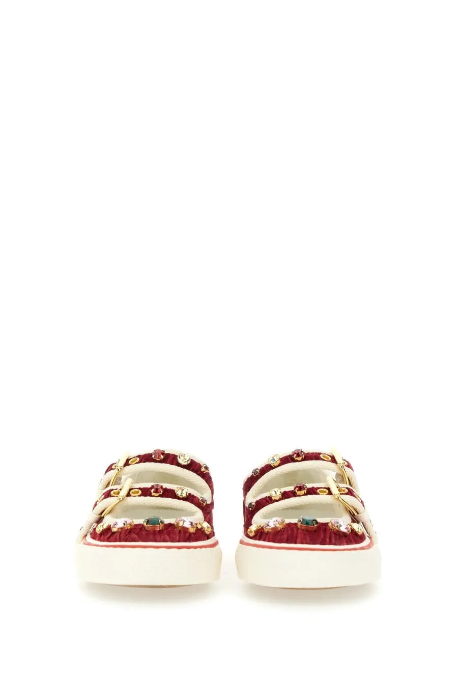 Valentino women’s red velvet slide sandals with gold-tone buckles colorful gemstones on white platform sole