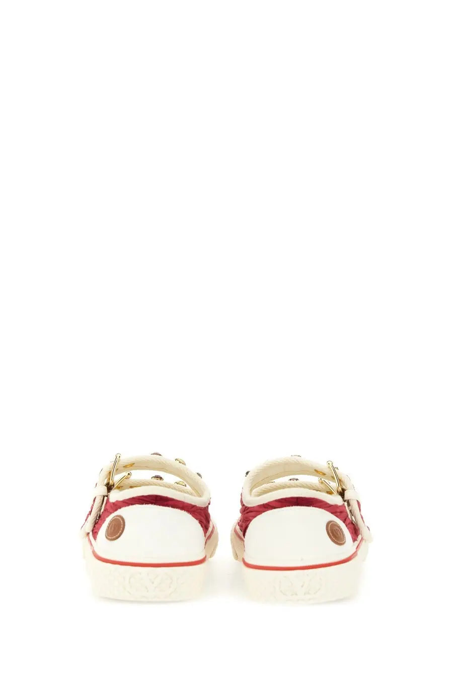 Valentino women’s velvet dollyboard ballerina sneaker in white and red canvas with gold-tone buckles and brown accents