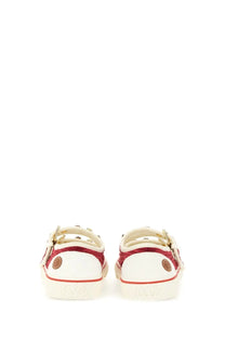 Valentino women’s velvet dollyboard ballerina sneaker in white and red canvas with gold-tone buckles and brown accents