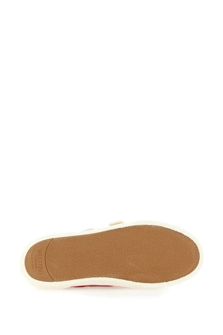 Back view of valentino women’s red velvet dollyboard ballerina sneaker with white rubber sole tan textured outsole and branding