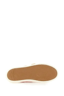 Back view of valentino women’s red velvet dollyboard ballerina sneaker with white rubber sole tan textured outsole and branding