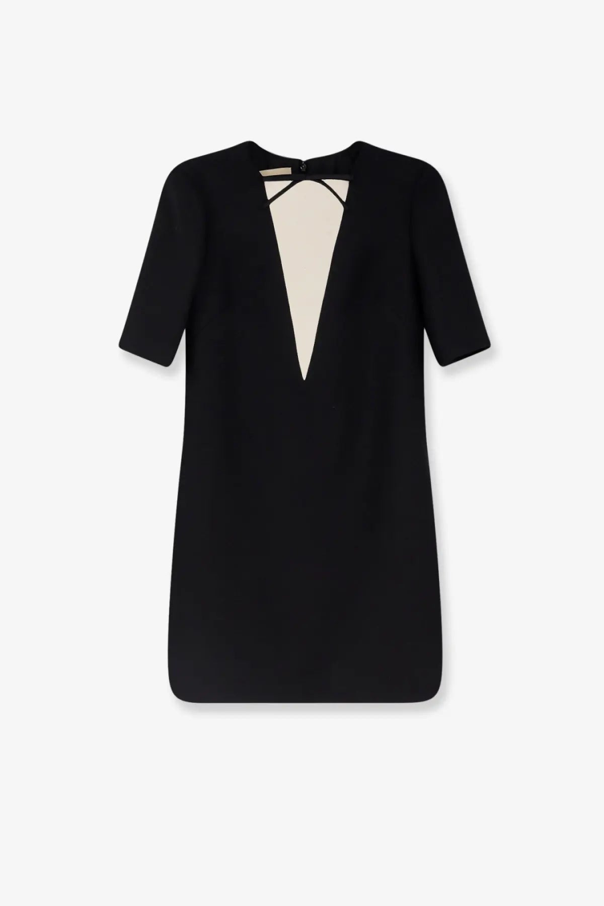 Valentino women’s black virgin wool and silk mini dress with cream geometric cutout on the back side