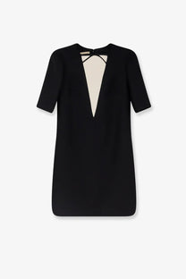 Valentino women’s black virgin wool and silk mini dress with cream geometric cutout on the back side