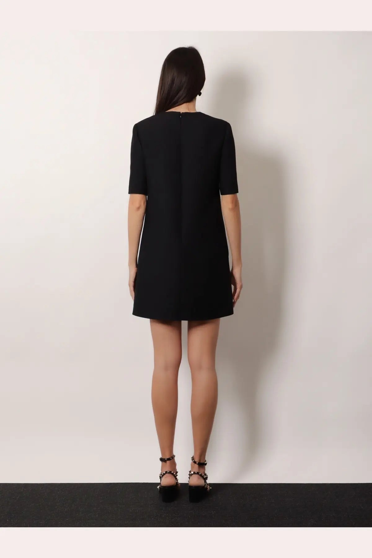 Valentino women’s black virgin wool and silk short-sleeved a-line mini dress with round neckline and straight hem