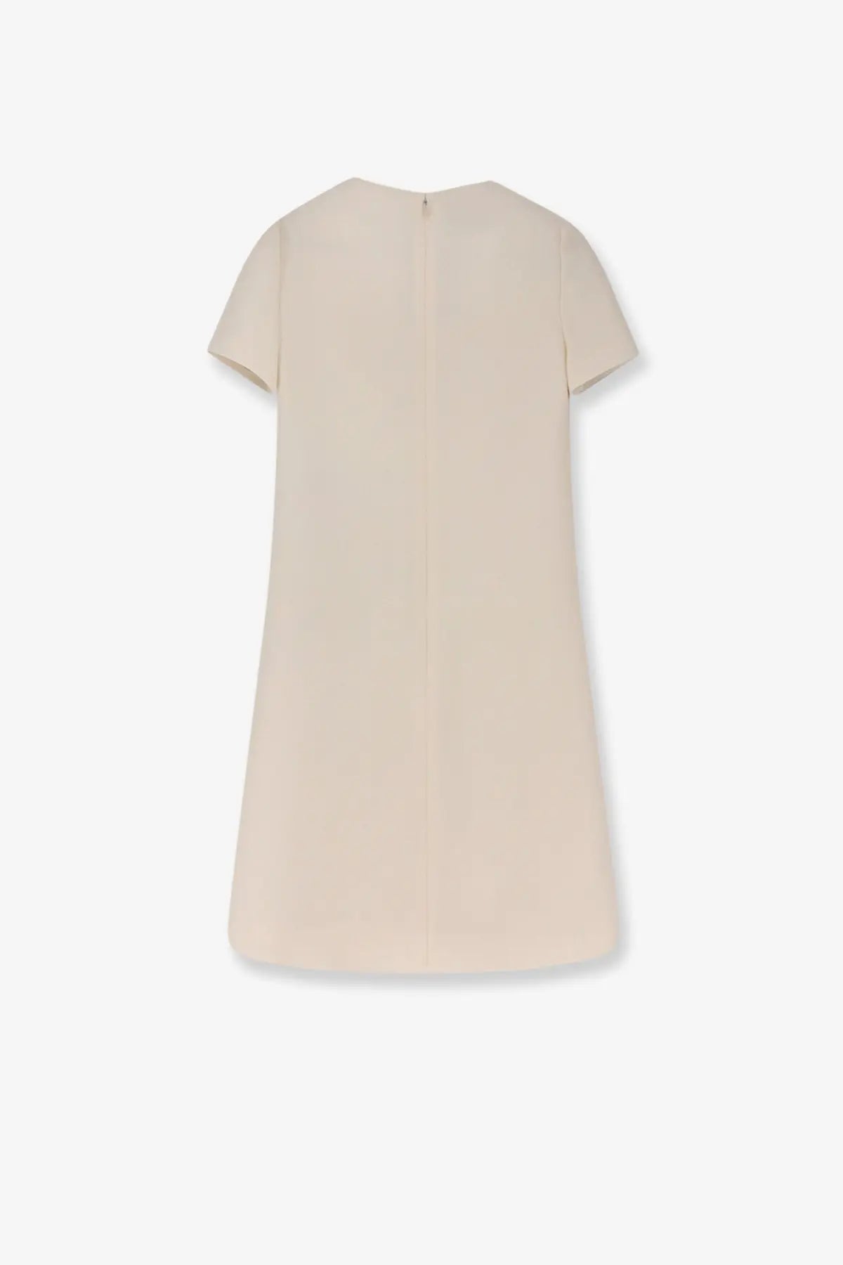 Beige short-sleeved a-line mini dress with simple back zipper made of virgin wool and silk by Valentino
