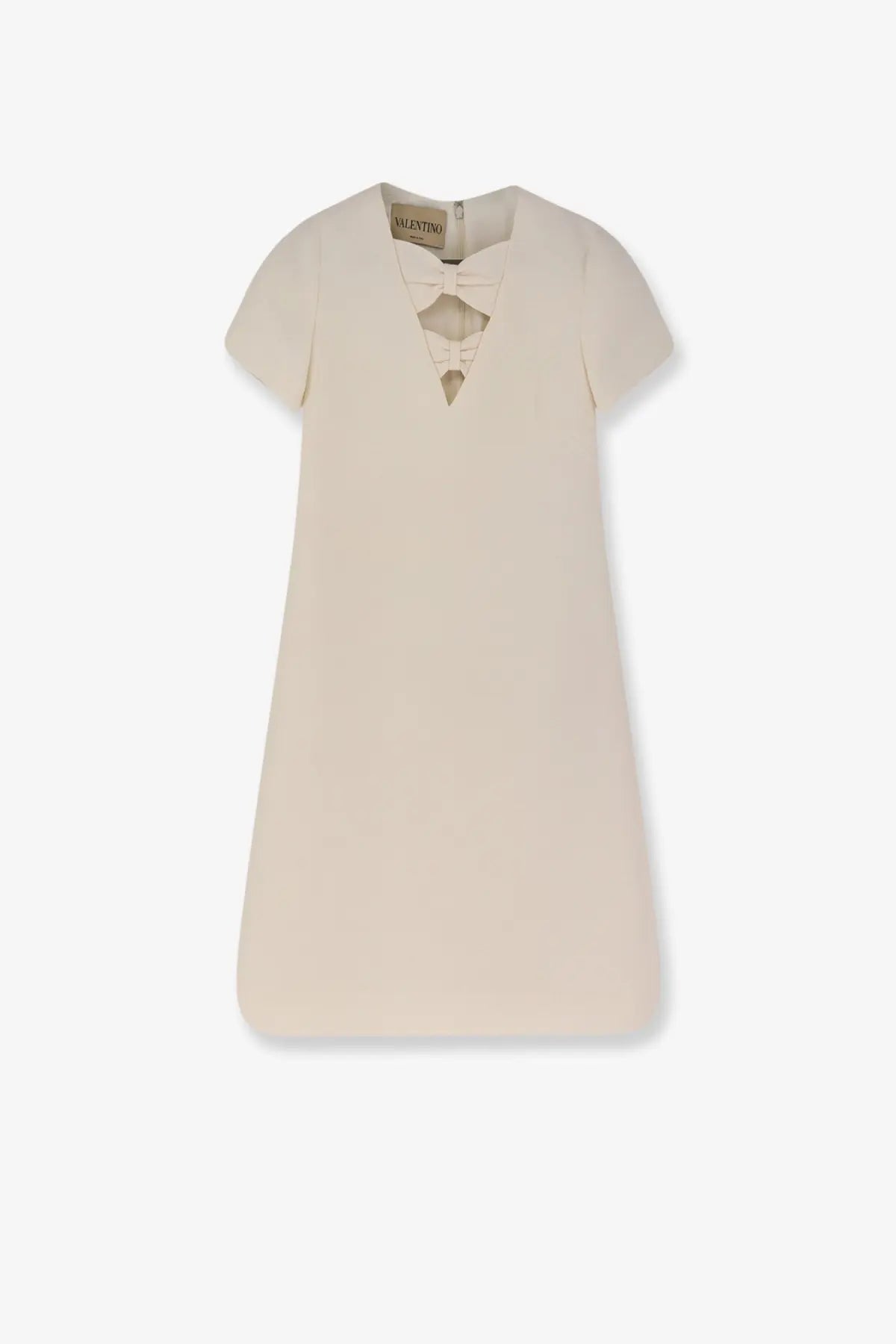 Valentino women’s cream-colored virgin wool and silk mini dress with short sleeves and bow detail at neckline