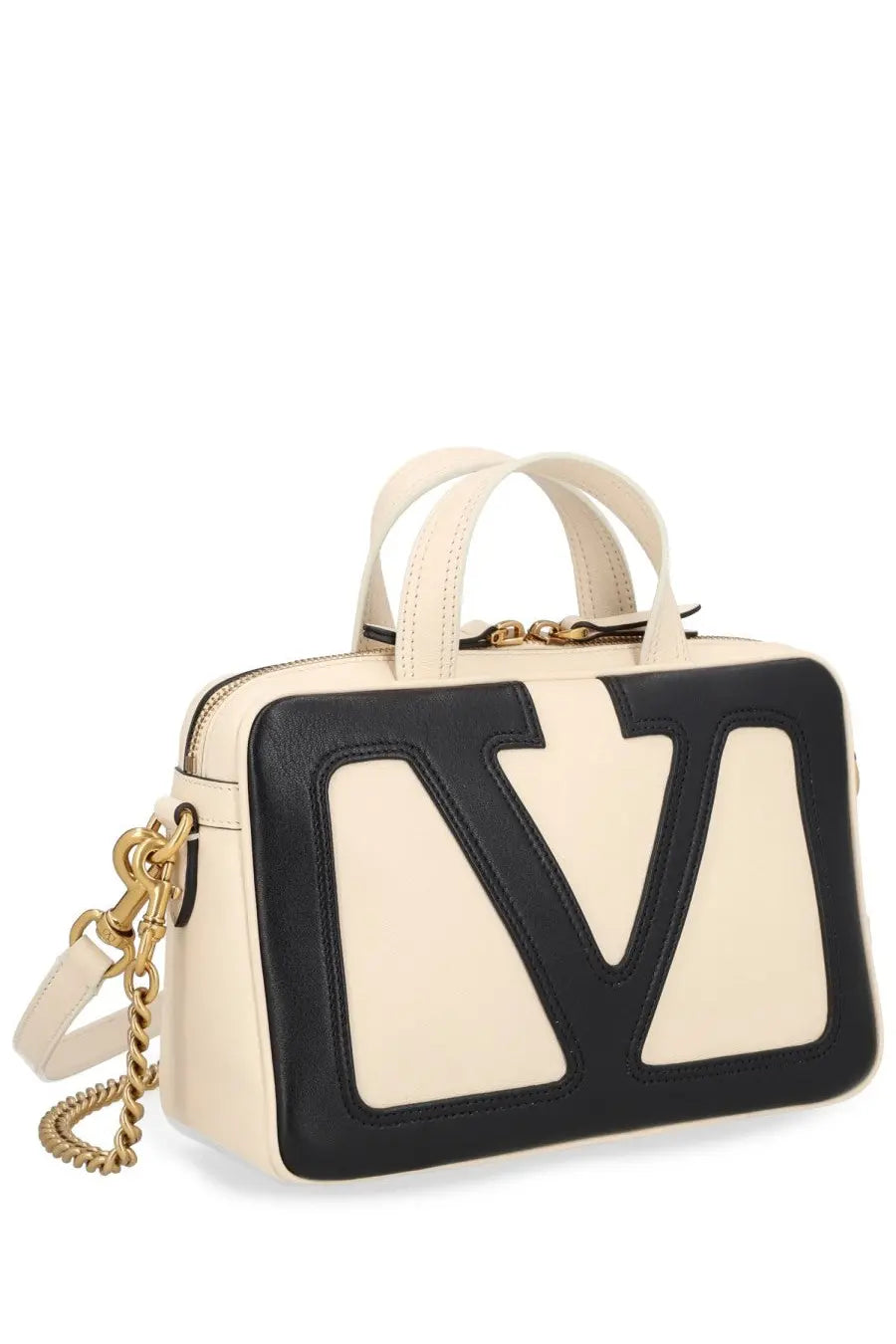 Valentino women’s viva superstar bag cream leather with bold black and cream V logo patch and gold-tone chain strap