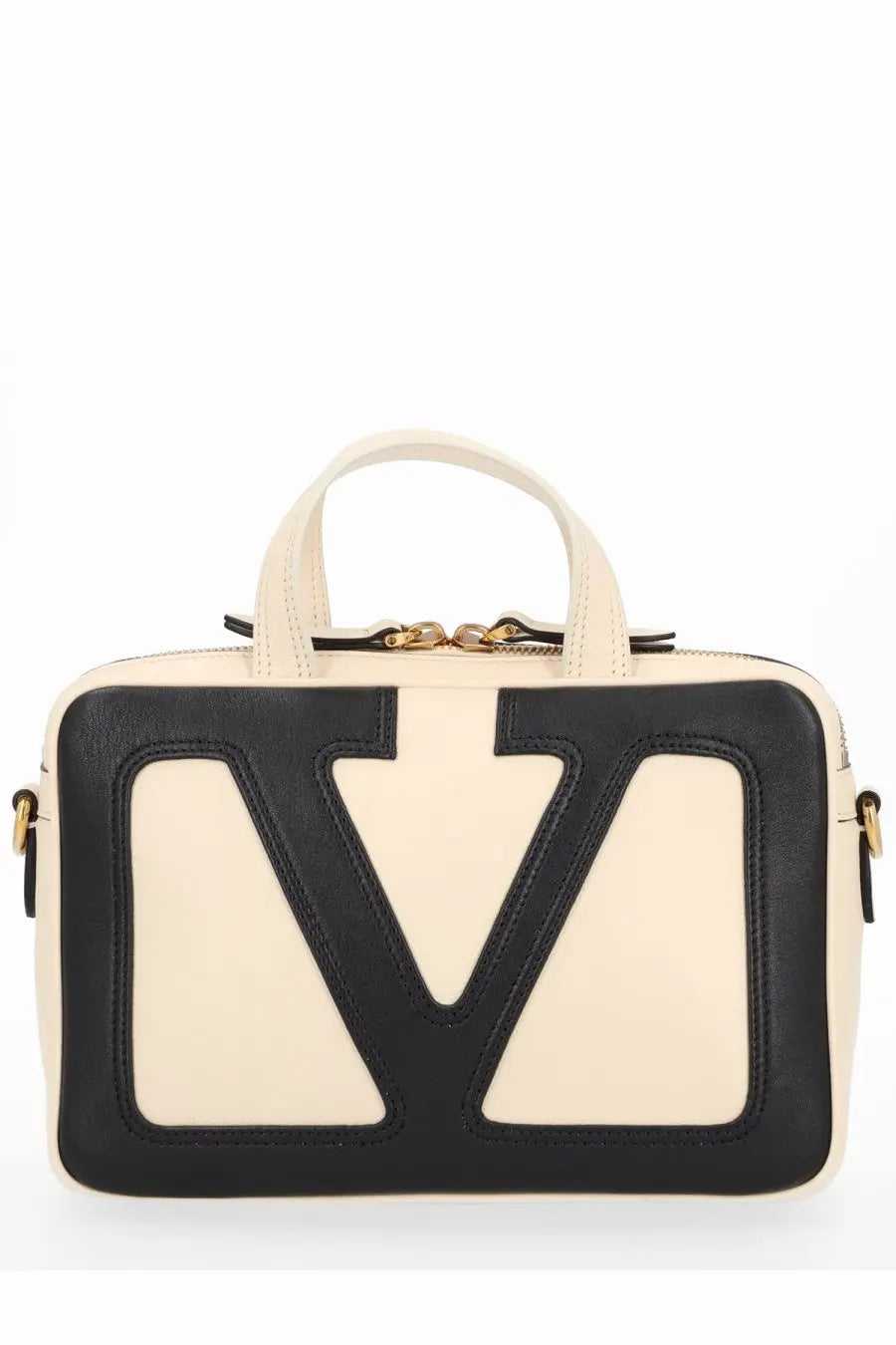Cream-colored leather Valentino women’s Viva Superstar handbag with bold black v-shaped logo patch and gold-tone hardware