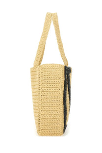 Valentino women’s viva superstar large raffia shopping bag beige with woven straw and black leather trim and handles