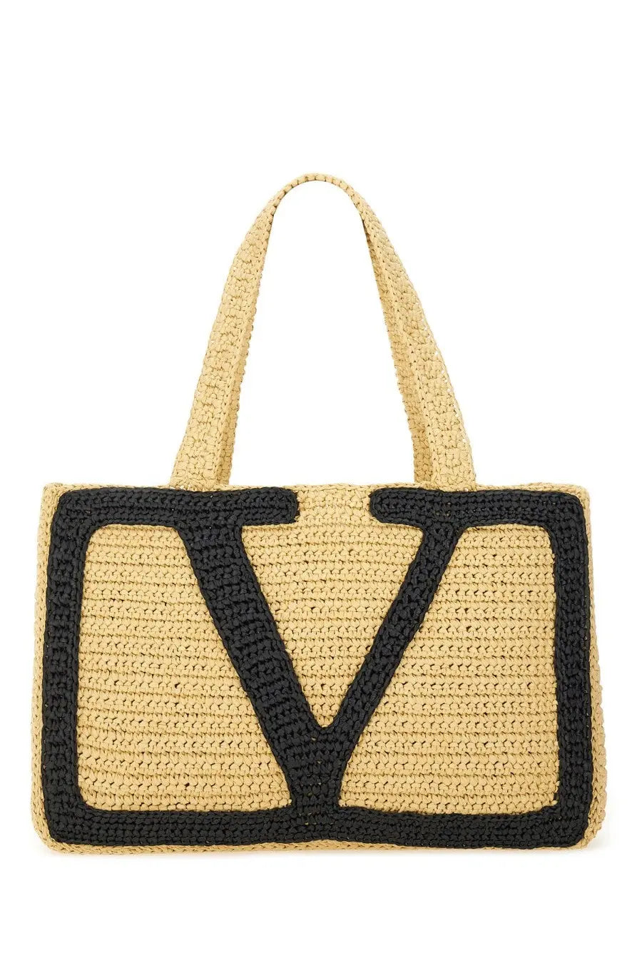 Beige crocheted raffia tote bag with black embroidered v logo by Valentino Women’s Viva Superstar large shopping bag