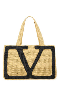 Beige crocheted raffia tote bag with black embroidered v logo by Valentino Women’s Viva Superstar large shopping bag