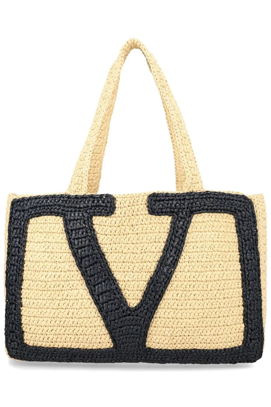 Beige and black crocheted Valentino Viva Superstar large tote bag with prominent vlogo design multicolor accents