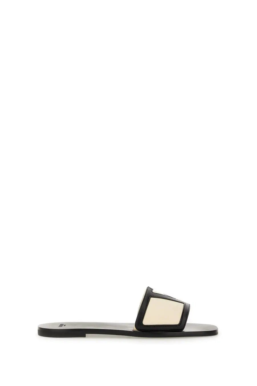 Valentino women’s viva superstar slide sandal in black with a cream rectangular strap detail for casual wear