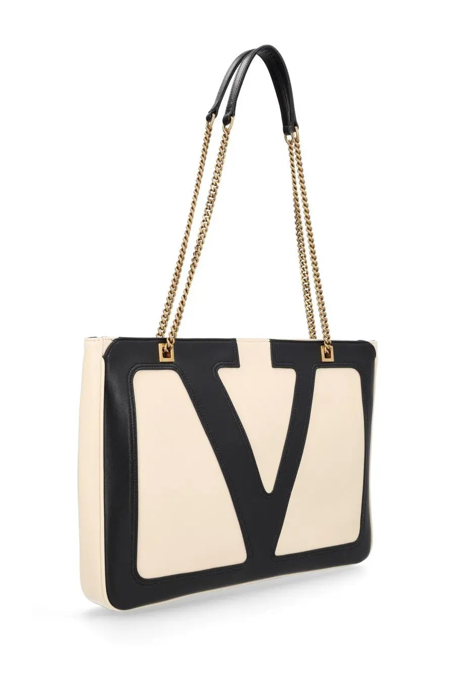 Valentino women’s viva superstar tote bag in black and cream leather with gold-tone chain straps and oversized v logo