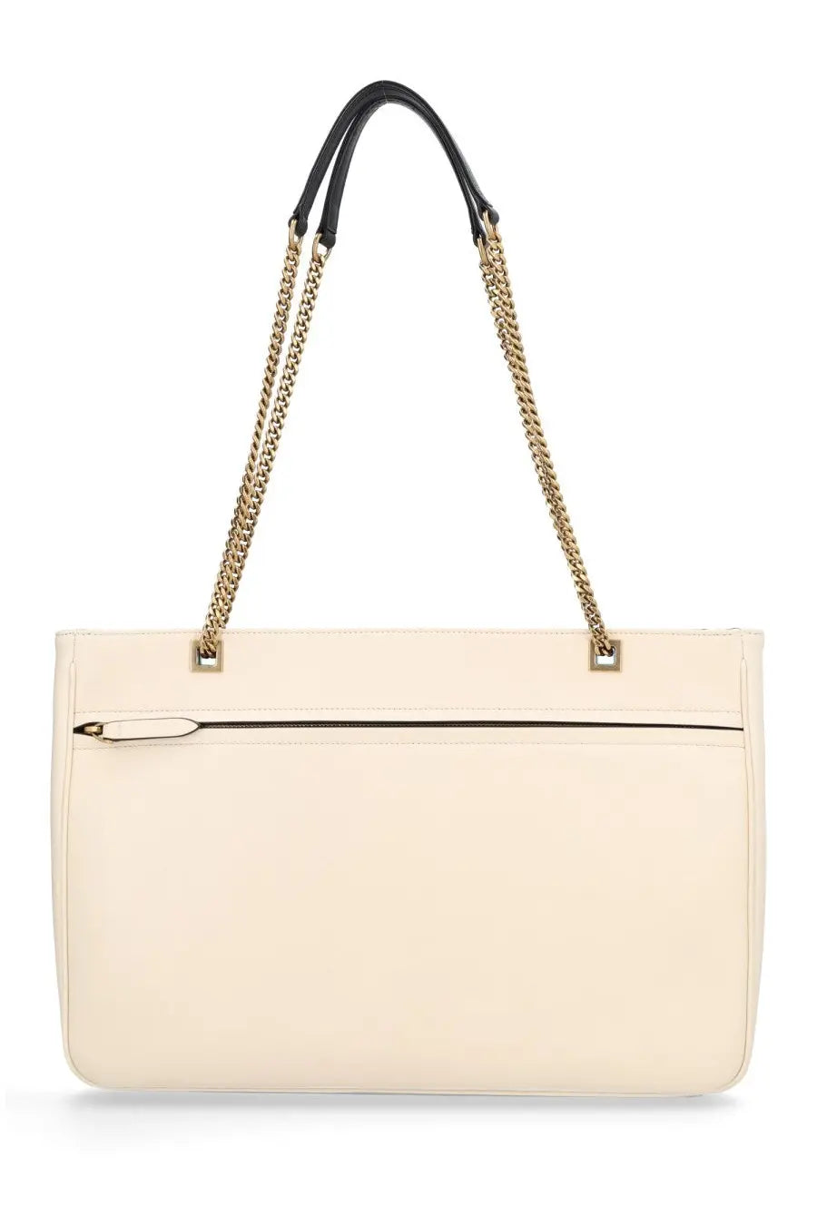 Cream-colored leather Valentino women’s viva superstar tote bag with black and gold chain straps