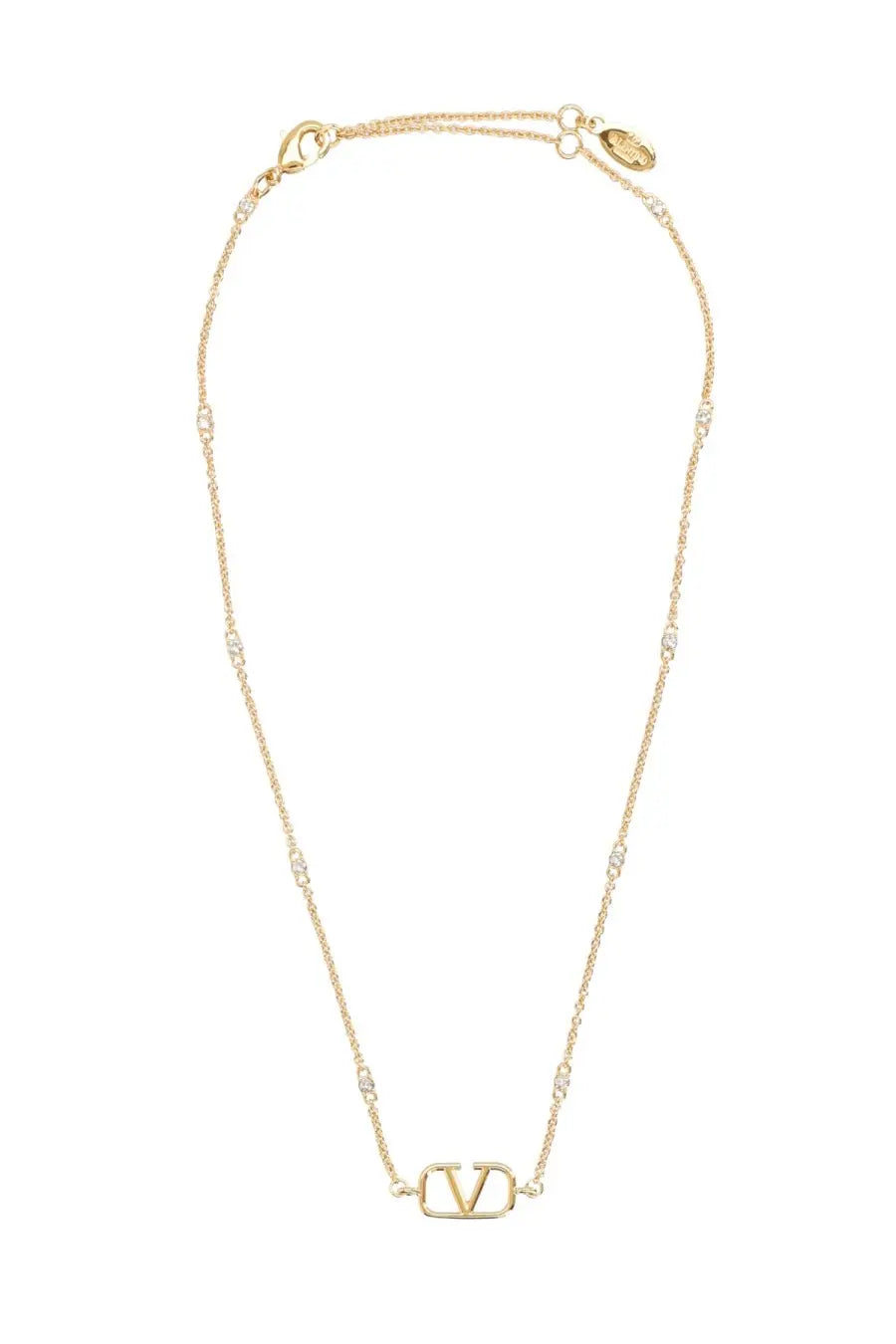 Valentino women’s gold-tone chain necklace with rectangular engraved v logo pendant and clear stone accents