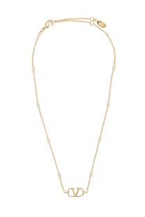 Valentino women’s gold-tone chain necklace with rectangular engraved v logo pendant and clear stone accents