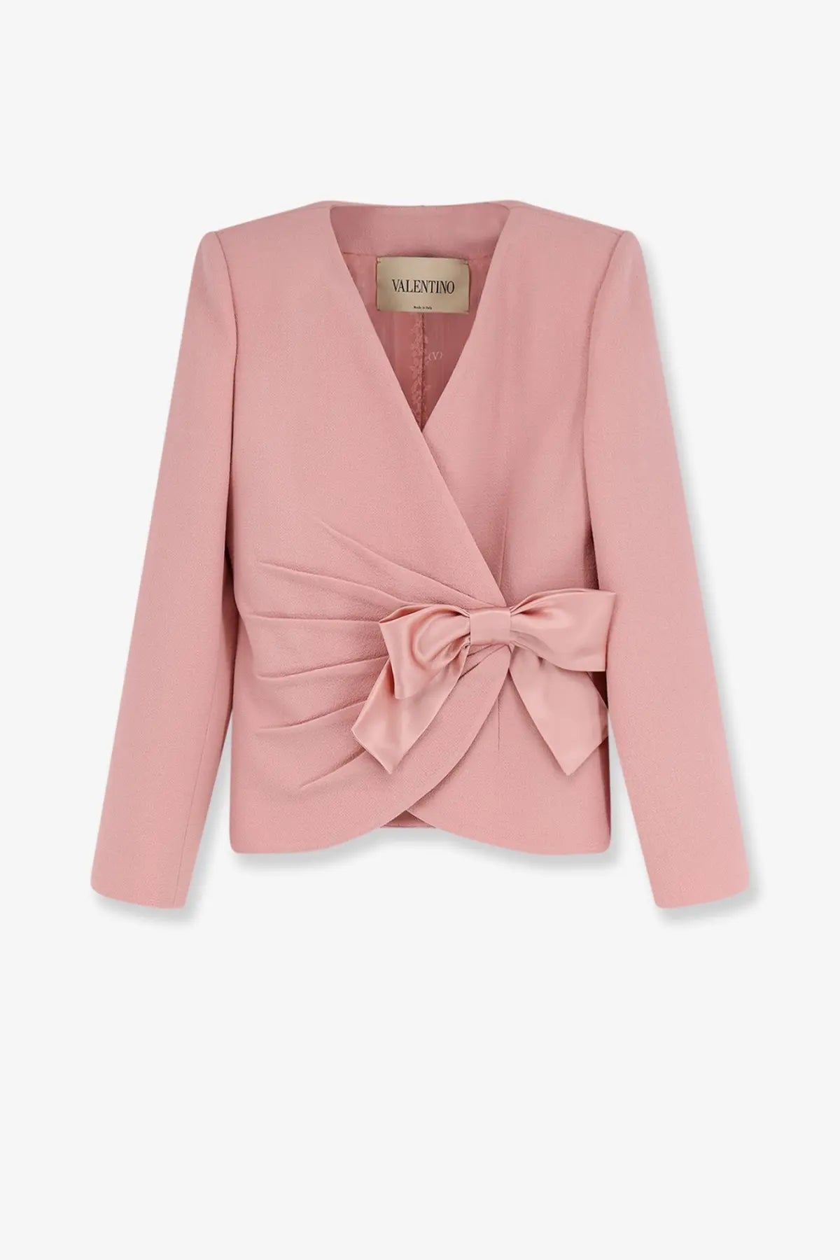 Valentino women’s soft pink wool crepe blazer with draped front and matching fabric bow at the waist