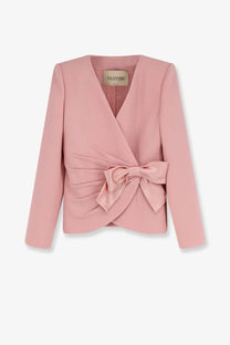 Valentino women’s soft pink wool crepe blazer with draped front and matching fabric bow at the waist