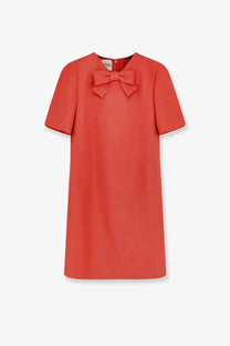 Valentino women’s coral wool and silk blend short dress with short sleeves and a bow at the neckline