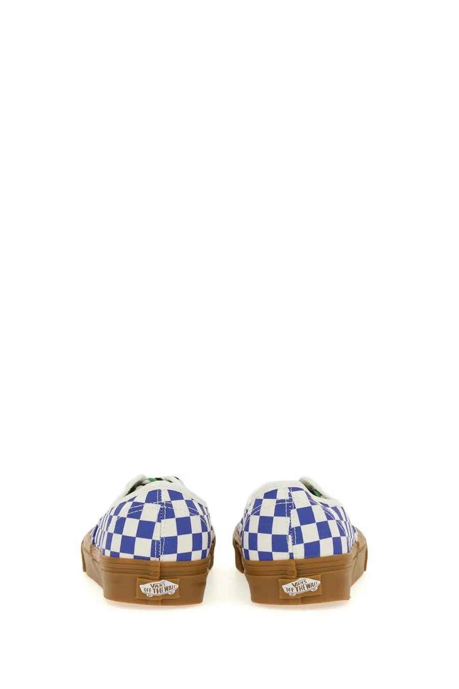 Vans men’s authentic sneaker white featuring blue and white checkerboard pattern with gum rubber soles