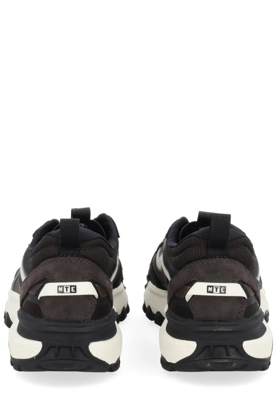 Back view of black and white Vans men’s Crosspath XC sneaker with suede and mesh upper and mte logo on heel tab