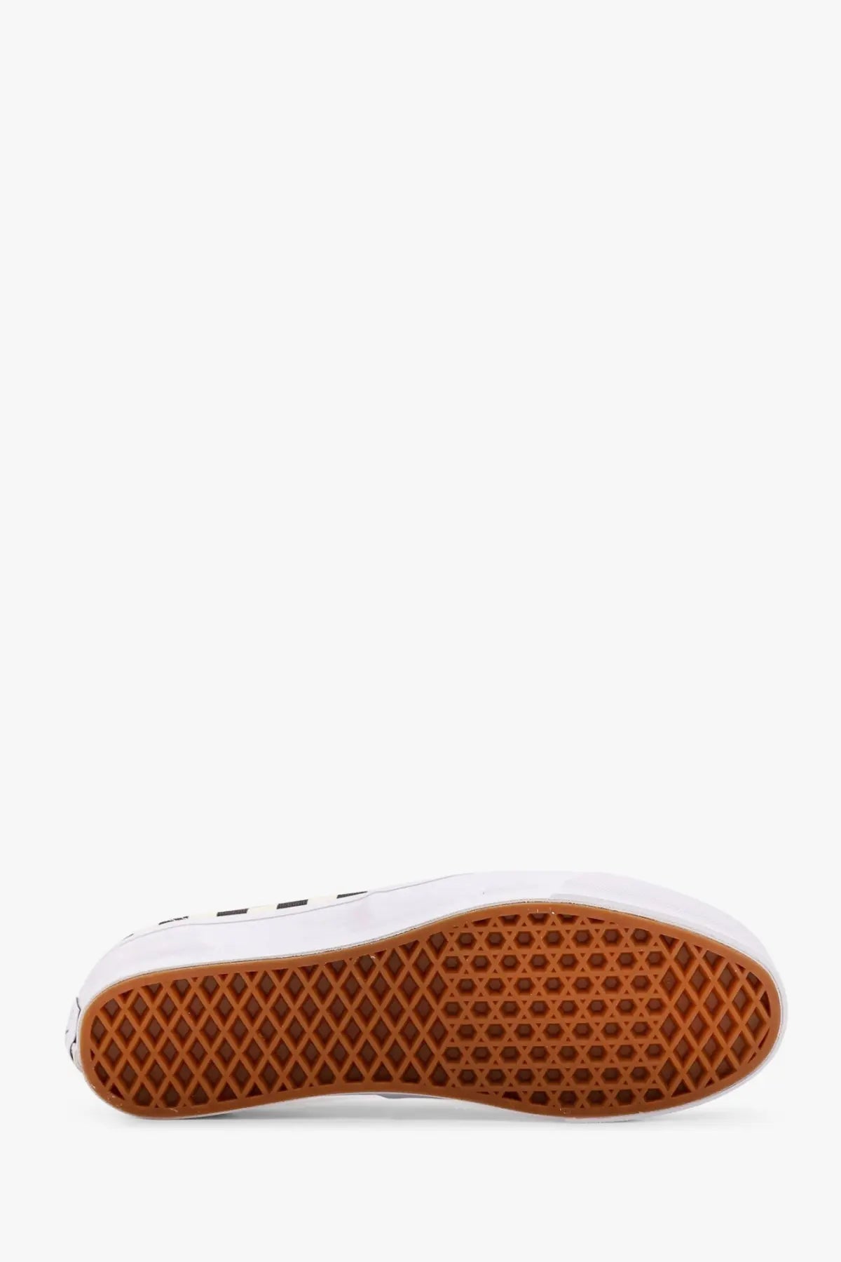 White vans slip-on shoe with brown rubber sole featuring iconic diamond tread pattern in vans men’s lx authentic reissue sneakers black