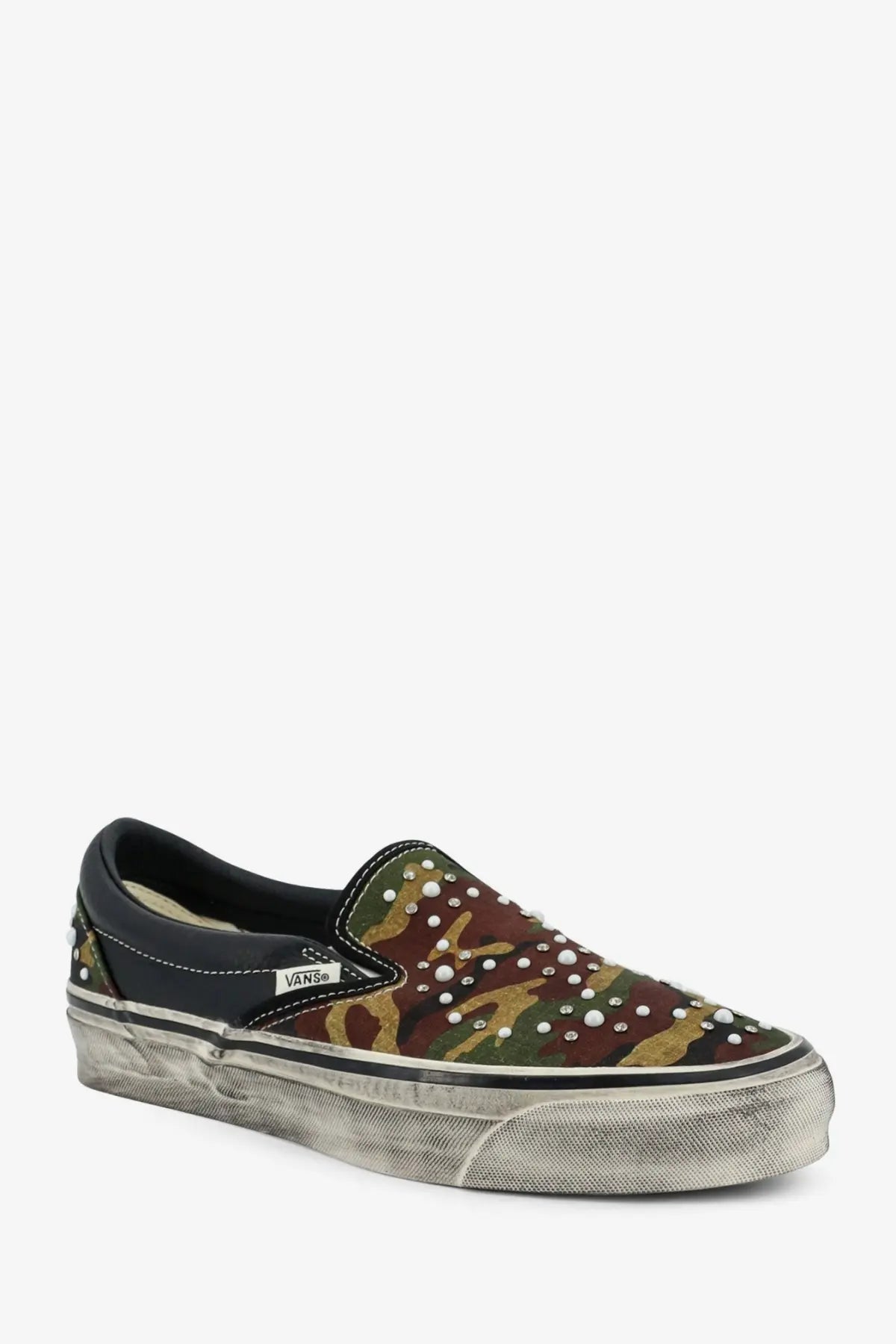 Vans men’s lx classic slip on canvas and leather sneaker in black camouflage with pearl-like studs and distressed sole