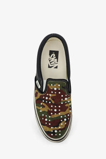 Vans men’s lx classic slip on canvas and leather sneaker in camouflage with white rhinestones and black rubber sole