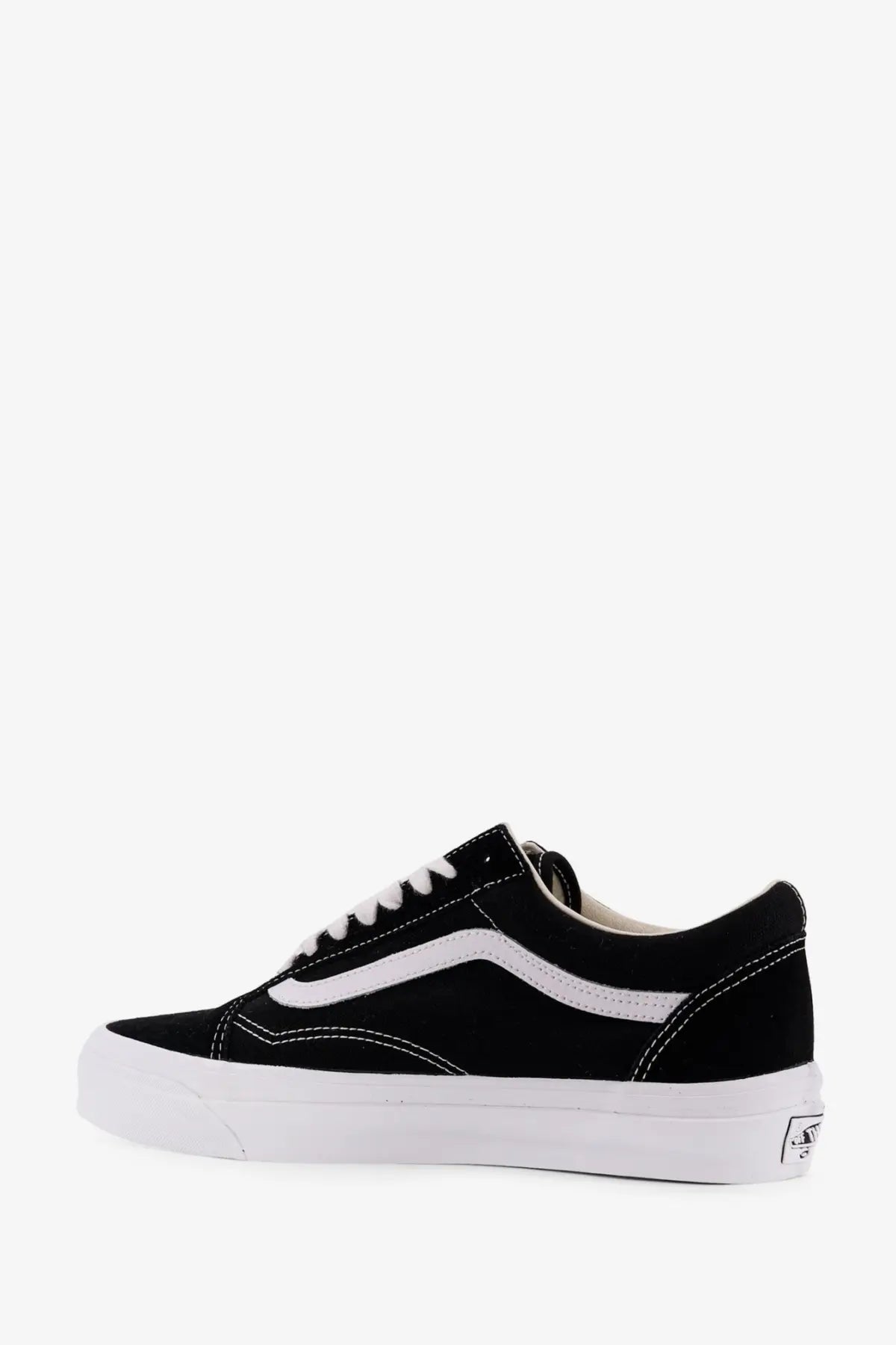 Vans men’s lx old skool black suede sneaker with white rubber sole and iconic side stripe front view