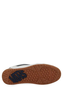 White vans men’s sneaker hylane with brown rubber sole and navy blue logo in skate shoe style