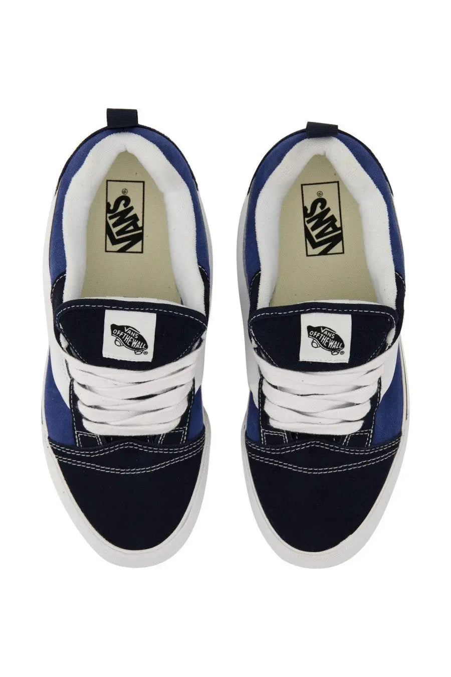 Blue and navy vans unisex knu skool slip-on sneakers with white laces and contrasting white rubber sole
