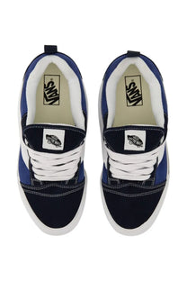 Blue and navy vans unisex knu skool slip-on sneakers with white laces and contrasting white rubber sole