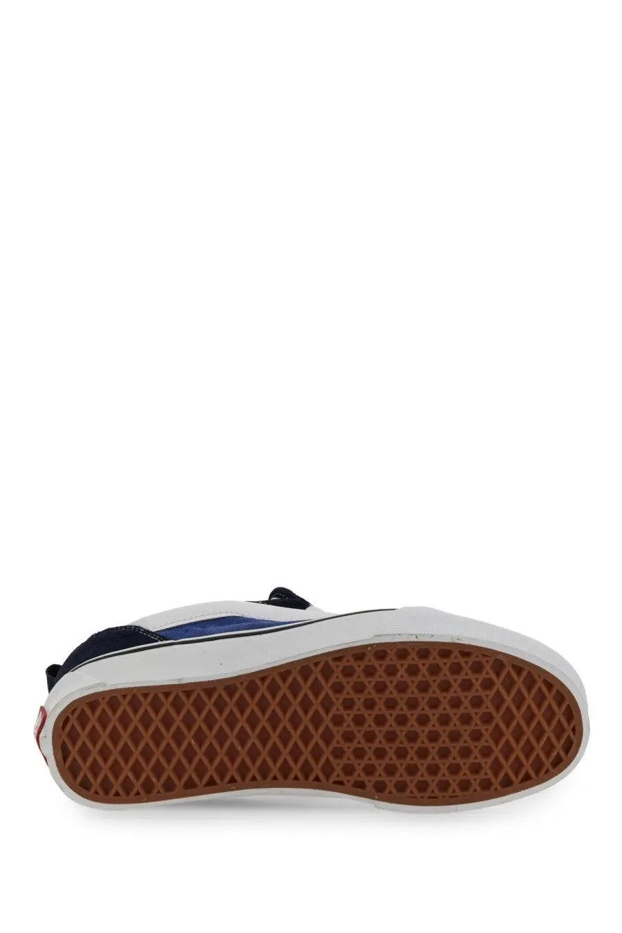 White and navy blue vans unisex knu skool sneaker with brown rubber sole and classic diamond tread pattern