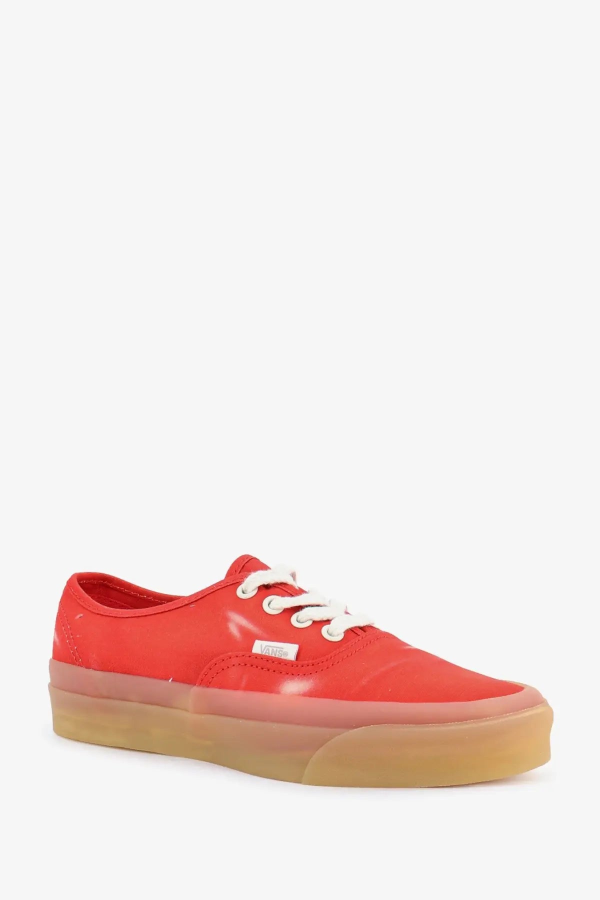 Vans unisex LX Authentic canvas sneaker in glossy red with white laces and a translucent gum rubber sole