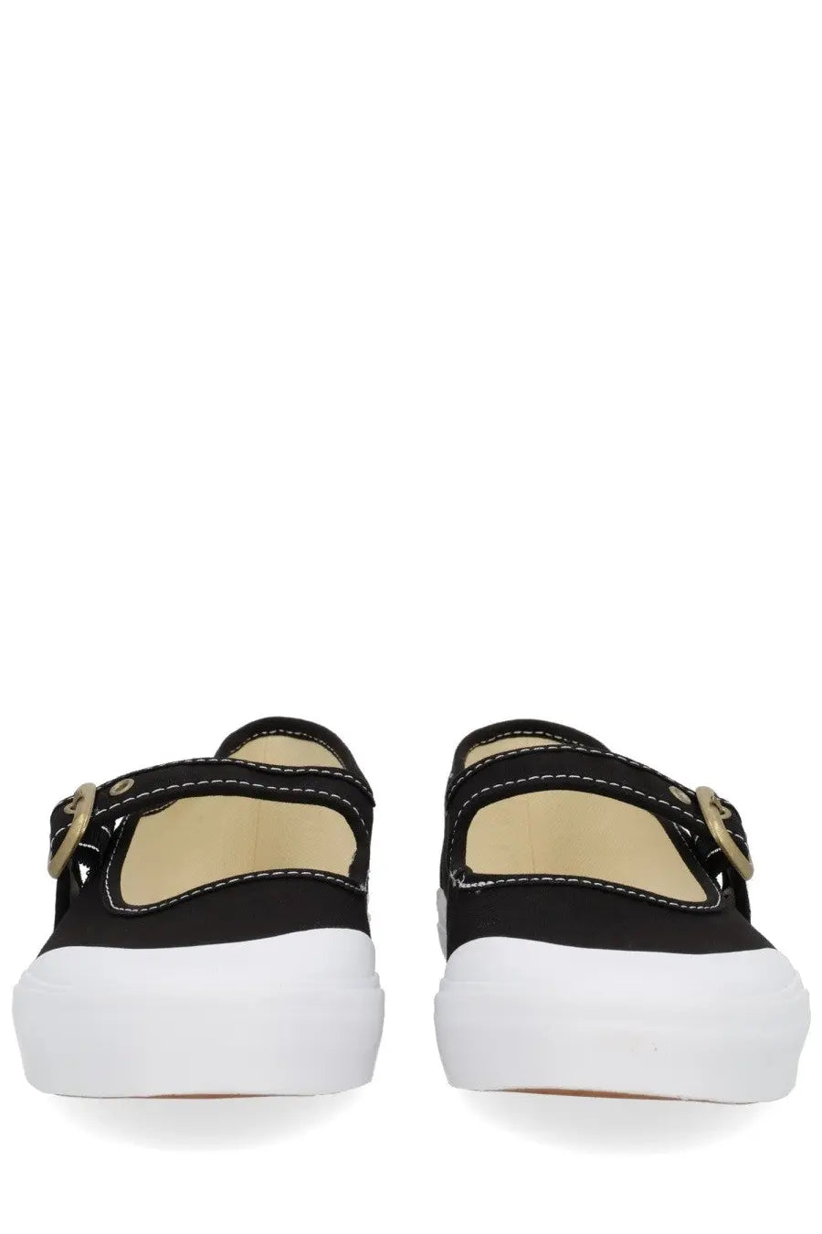 Vans unisex mary jane shoe in black canvas with white platform soles and gold-tone buckle details