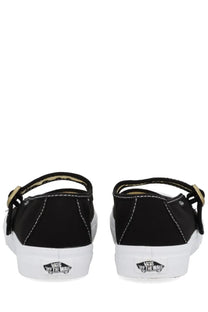 Black canvas vans unisex mary jane shoe with white rubber soles and gold-tone buckle straps